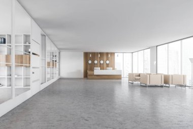 Beyaz ofis resepsiyon odası ve pencerenin yanındaki müşteriler için koltuklar. Beyaz duvarları ve mermer zemini olan, iş yerindeki büyük bekleme odası, insan yok.