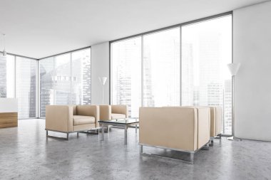 Beyaz salon müşteriler için bekleme odası, bej koltuklar ve cam sehpa, yan manzara, mermer zemin. Pencerenin yanında dört koltuk olan kabul odası, 3 boyutlu, kimseyi göstermiyor.