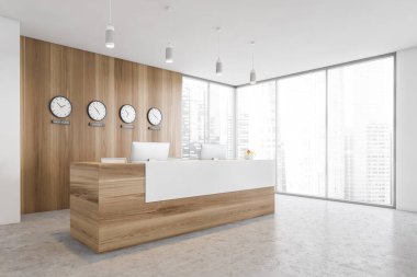 Masası, yan manzarası, bilgisayarları ve saatleri olan beyaz ve ahşap kabul odası. Minimalist resepsiyon masası mermer katta, ofis penceresinin yanında, 3D 'de hiç insan yok.