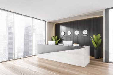 İki bilgisayarı ve duvarında saatleri olan siyah ve açık renkli ahşap kabul odası. Ofis masası olan resepsiyon girişi pencere, yan görüş, ahşap zemin 3D, kimseyi göstermiyor.