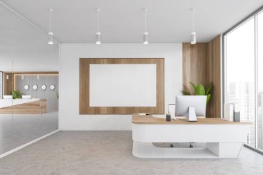 Minimalist masa ve bilgisayarı olan beyaz ve ahşap ofis odasındaki kanvas, pencerenin yanındaki köşeye yerleştirilmiş. Mobilyalı modern ofis odası, 3 boyutlu, insan yok.