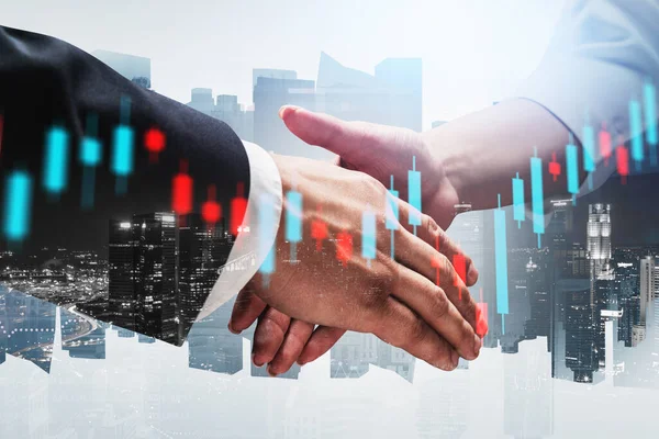 Close Businessman Businesswoman Shaking Hands Blurry City Double Exposure Graphs — Stock Photo, Image