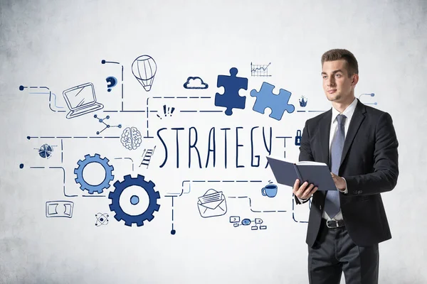 Young Businessman Planner Standing Concrete Wall Room Creative Business Strategy — Stock Photo, Image