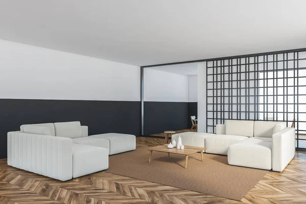 Apartamento Branco Preto Com Móveis Chão Madeira Estúdio Espaço Aberto — Fotografia de Stock