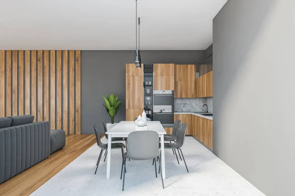 Sala Estar Gris Blanca Con Mesa Sillas Conjunto Cocina Madera —  Fotos de Stock