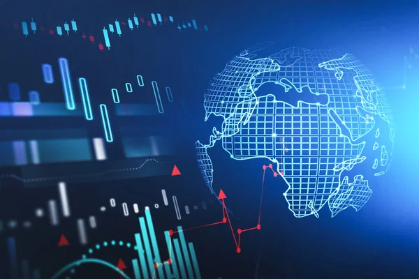 Розмиті Графи Планетарна Голограма Синьому Тлі Концепція Фондового Ринку Рендеринг — стокове фото