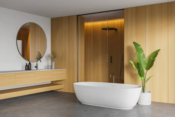 Canto Banheiro Moderno Com Paredes Brancas Madeira Piso Concreto Banheira — Fotografia de Stock