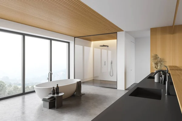 全景浴室角落 有白色和木制墙壁 混凝土地面 淋浴间 舒适浴缸和双层水池 3D渲染 — 图库照片