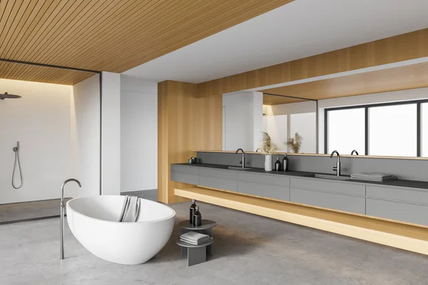 Angolo Elegante Bagno Con Pareti Bianche Legno Pavimento Cemento Box — Foto Stock