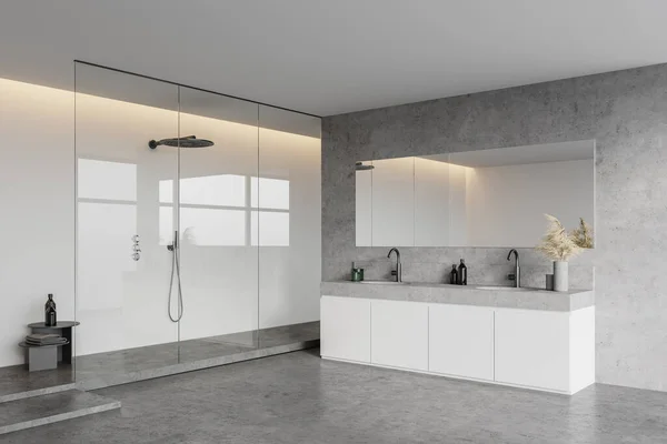 白とコンクリートの壁 コンクリート床 ダブルシンク シャワーストールとミラーとモダンなバスルームのコーナー 3Dレンダリング — ストック写真