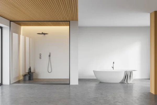 Interior Stylish Bathroom White Walls Concrete Floor Comfortable Bathtub Shower — Stock Photo, Image