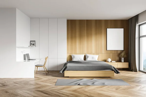 Interior Modern Bedroom White Wooden Walls Wooden Floor Home Office — Stock Photo, Image
