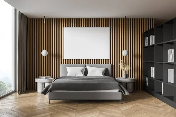 바닥이 현대식 침실의 내부는 크기의 침대와 수평의 모조품 포스터가 렌더링 — 스톡 사진