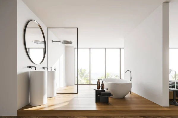 现代化浴室的内部设有白色墙壁 木制地板 舒适的浴缸 淋浴间和双层水池 3D渲染 — 图库照片