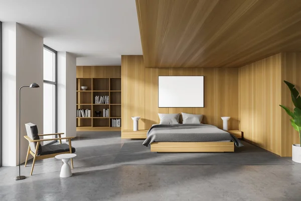 现代主卧室的内部有白色和木制墙壁 混凝土地面 舒适的国王尺寸床 扶手椅和水平模拟海报 3D渲染 — 图库照片