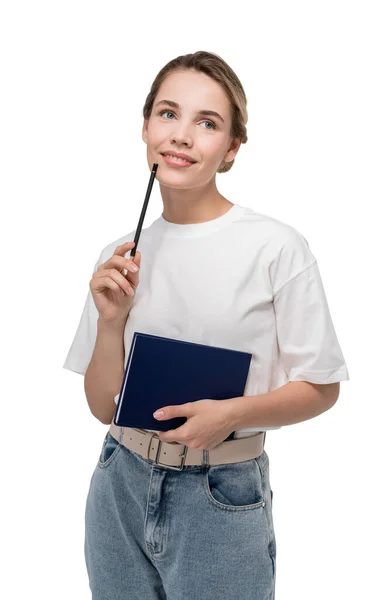 Retrato Aislado Mujer Joven Con Cuaderno Lápiz Concepto Educación Escritura — Foto de Stock