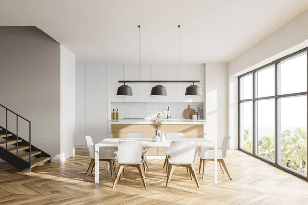 Interior Cocina Moderna Con Paredes Blancas Suelo Madera Mesa Comedor —  Fotos de Stock