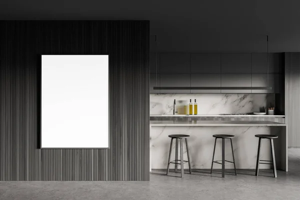 风格时尚的厨房内部 有灰色和木制墙壁 混凝土地面 吧台和垂直模拟海报 3D渲染 — 图库照片