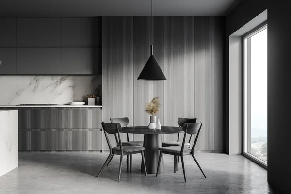 Interior Cozinha Elegante Com Paredes Cinza Madeira Piso Concreto Mesa — Fotografia de Stock