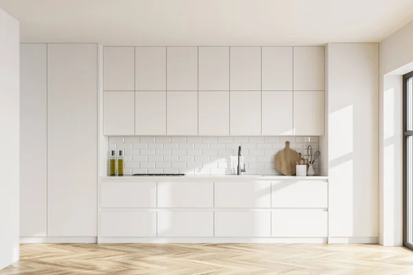 Interior Modern Kitchen White Walls Wooden Floor White Cupboards Built — Stock Photo, Image