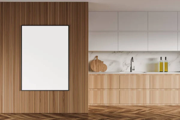 Interieur Van Moderne Keuken Met Witte Houten Muren Houten Vloer — Stockfoto