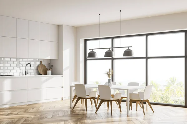 Ecke Der Modernen Küche Mit Weißen Wänden Holzboden Esstisch Und — Stockfoto