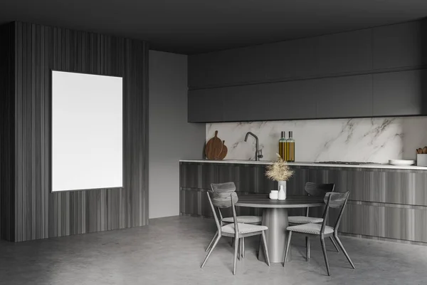 グレーと木製の壁 コンクリート床とラウンドダイニングテーブルとスタイリッシュなキッチンのインテリア 縦型のモックアップポスター 3Dレンダリング — ストック写真