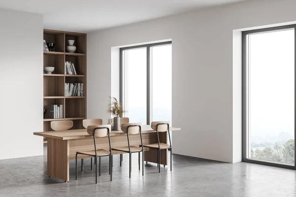 现代化厨房的角落 有白色的墙壁 混凝土地面 木制橱柜 餐桌和大窗户 3D渲染 — 图库照片