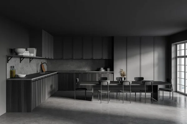 Stilvolle Küche Mit Grauen Wänden Betonboden Hölzernen Und Grauen Schränken — Stockfoto