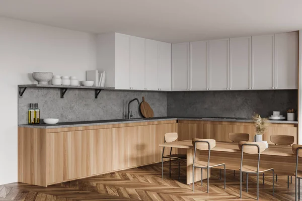 Ecke Der Modernen Küche Mit Weißen Wänden Holzboden Hölzernen Und — Stockfoto
