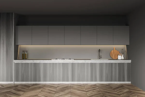 Interior Cozinha Moderna Com Paredes Cinzentas Piso Madeira Armário Madeira — Fotografia de Stock