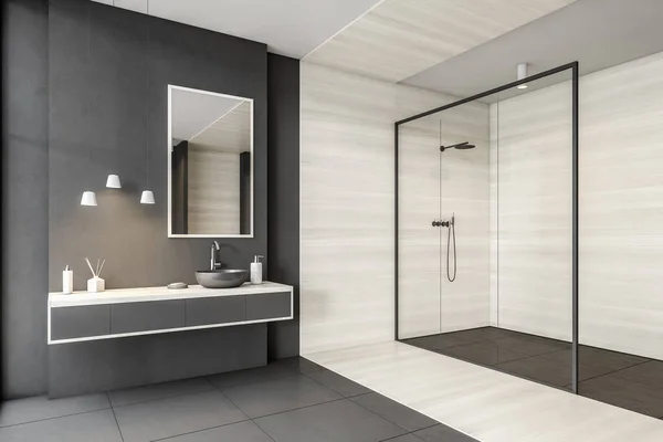 Baño Gris Blanco Con Lavabo Espejo Cajones Ducha Con Puertas — Foto de Stock