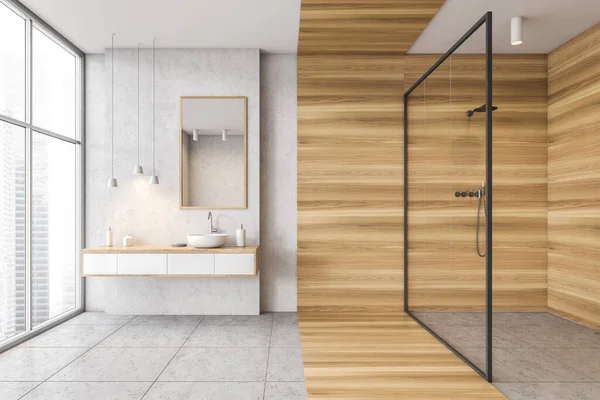 Baño Madera Blanco Con Lavabo Espejo Lámparas Ducha Con Puertas — Foto de Stock