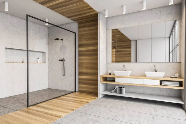 Bagno Legno Bianco Con Due Lavandini Con Asciugamani Doccia Con — Foto Stock