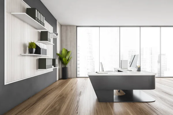 Sala Ufficio Legno Nero Con Tavolo Minimalista Computer Vista Laterale — Foto Stock