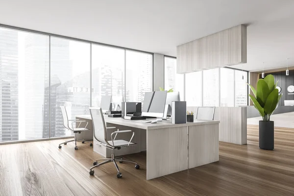 바닥에 의자와 테이블이 사무실 안락의자 사이드 테이블이 미니멀리즘 비즈니스 렌더링 — 스톡 사진