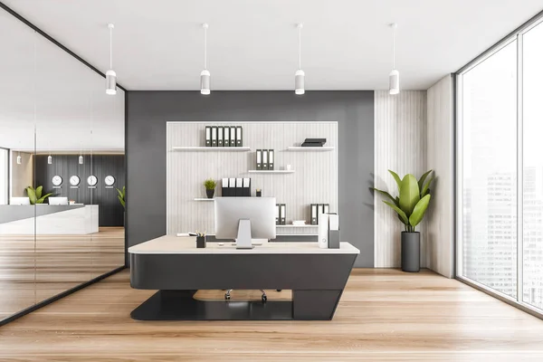 Quarto Escritório Preto Madeira Com Mesa Minimalista Computador Planta Canto — Fotografia de Stock