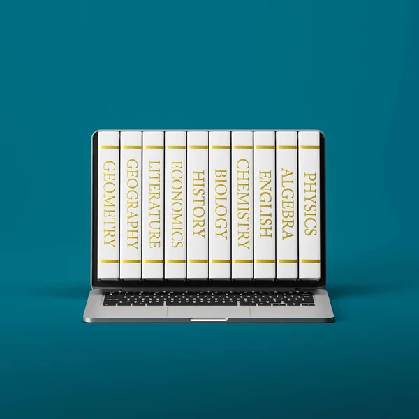 Ряд Белых Электронных Учебников Внутри Ноутбука Синем Фоне Концепция Онлайн — стоковое фото