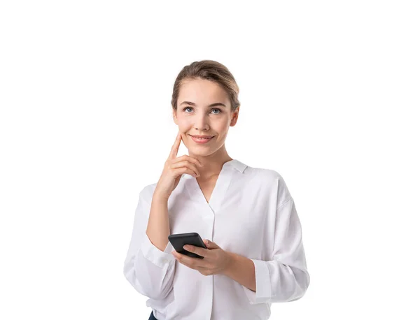 Retrato Aislado Joven Empresaria Reflexiva Sosteniendo Teléfono Inteligente Concepto Comunicación — Foto de Stock