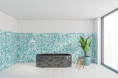 Beyaz ve deniz yeşili banyo, arka fıskiyeli, gri küvet ve bitki, pencerenin yanındaki beyaz fayanslı zeminde saati olan sandalye. Minimalist lüks banyo 3D, insan yok.