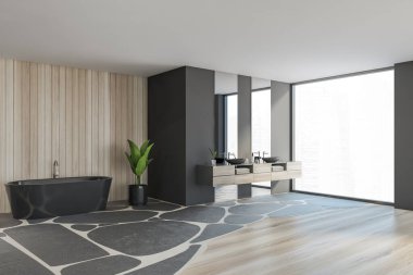 Siyah ve ahşap banyo, pencere kenarında ayna olan iki lavabo, yan görüş. Masalı küvet ve ahşap duvara karşı bitki döşeme, ahşap zeminde halı, üç boyutlu şekil, insan yok.