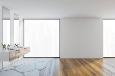 Beyaz ve ahşap banyodaki iki lavabo ve aynalı fotokopi alanı. Banyo minimalist tasarımı, geniş pencereli, ahşap zemin, 3 boyutlu, kimseyi göstermiyor.