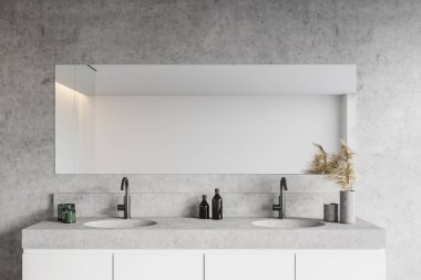 Modern banyo, beyaz ve beton duvarlar, beton zemin, çift lavabo ve ayna. 3d oluşturma