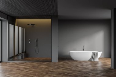 Gri duvarları, ahşap zemini, rahat küveti ve duş kabini olan modern banyonun içi. 3d oluşturma