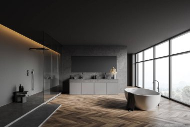Gri duvarlı panoramik banyonun içi, ahşap zemin, duş kabini, rahat küvet ve çift lavabo. 3d oluşturma