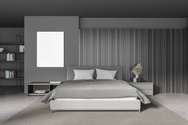 Gri ve ahşap duvarları, beton zemini, rahat kral yatağı ve kitaplığı olan şık bir yatak odası. Dikey maket posteri. 3d oluşturma