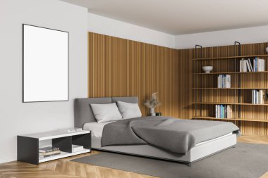 Beyaz ve ahşap duvarları, tahta zemini, rahat kral yatağı ve kitaplığı olan modern ana yatak odasının köşesi. Dikey maket posteri. 3d oluşturma