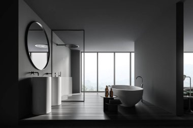 Gri duvarları, beton zemini, rahat küveti, duş kabini ve çift lavabosu olan şık bir banyo. 3d oluşturma