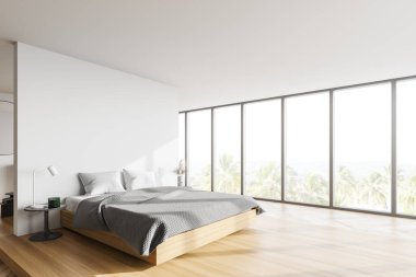 Panoramik yatak odasının köşesinde beyaz duvarlar, ahşap döşeme ve rahat kral yatağı var. 3d oluşturma