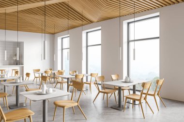 Beyaz duvarları, beton zemini, kare masaları ve tabureli bar tezgahı olan modern restoranın köşesi. 3d oluşturma